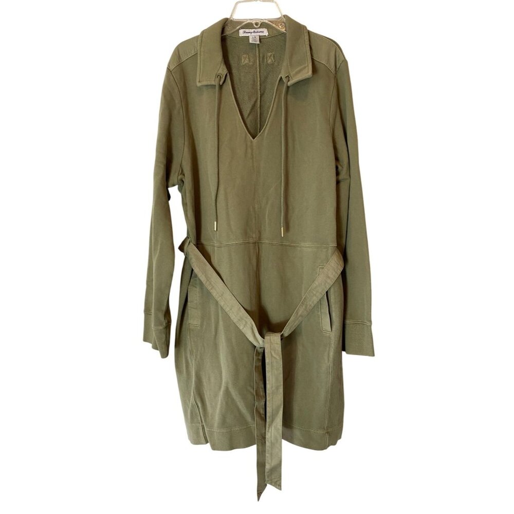 Tommy Bahama Olive Green  Sunray Cove Long Sleeve Tie Waist Cotton Mini Dress